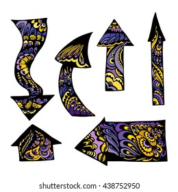 set of bright colored decorative arrows with monograms in tattoo style.