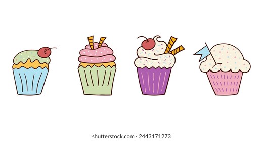 Set of bright colored delicious doodle style cupcakes. Vector illustration. Freehand drawing, doodles.