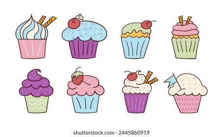 Set of bright colored delicious doodle style cupcakes. Vector illustration. Freehand drawing, doodles.