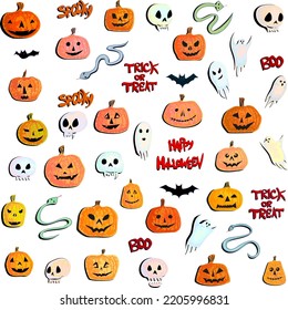 Set of Bright Colored Doodles Hallowen Pumpkin. Skull, Snake and Ghost on White Background