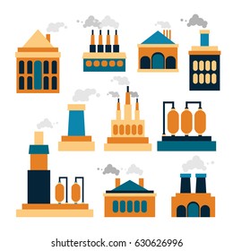 Set of bright colored factory icons. Parts of plant building. White background. Cartoon style