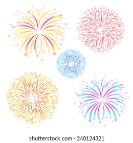 Set bright colored fireworks on white background 