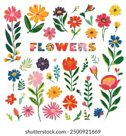 Set of bright colored floral elements in flat vector style for design and decoration.