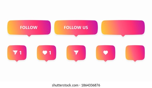 A Set Of Bright Colored Follow, Follow Us, Like, Share Message Buttons Isolated On A White Background. Messages For User Interface Design. Vector Illustration