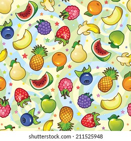 Set of bright colored fruits and berries on spiral back - seamless vector pattern