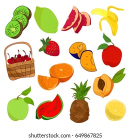 Set of bright colored fruits on white background
