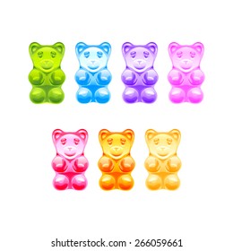 Set of bright colored gummy bears on white background