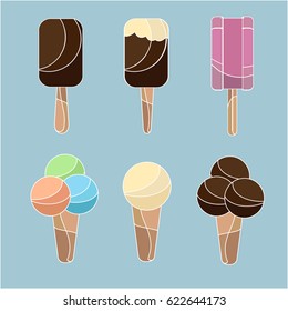 Set of bright colored ice creams with white outline isolated on blue background
