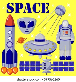 Set of bright colored illustrations on the theme of space. Astronomical symbols: astronaut, UFO, rocket, satellite