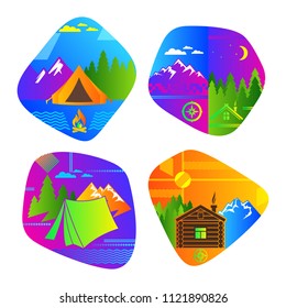 Set of bright colored logos for camping and outdoor recreation