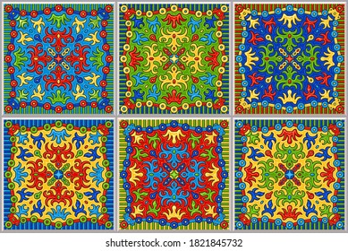 Set of bright colored mosaic tiles with hand drawn geometrical and floral ornaments in Talavera majolica ceramic style. Wallpaper décor, pop art batik print, wrapping paper