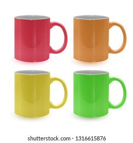 Set of bright and colored mugs on white background, realistic mugs, template for your project