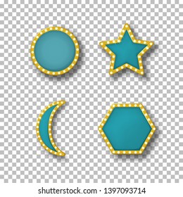 Set of bright colored neon frames, banners, billboard with lighting bulbs. Frames templates with backlight, in vintage style, in form of circle, star, crescent, hexagon. Vector illustration.