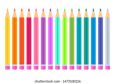 Set of bright colored pencils for drawing. Stationery, school supplies. Flat vector cartoon illustration isolated on white background.