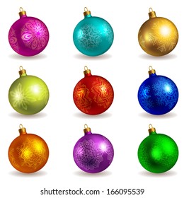 Set of bright colored photo-realistic Christmas balls, isolated on white