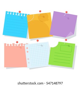 Set of bright colored pieces of paper for notes. Pinned to the wall with pins. Flat vector cartoon illustration. Objects isolated on a white background.