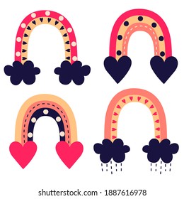 A set of bright colored rainbows for Valentine's Day. Hand-drawn vector elements: rainbow arches, clouds, hearts. Pink and ink blue.