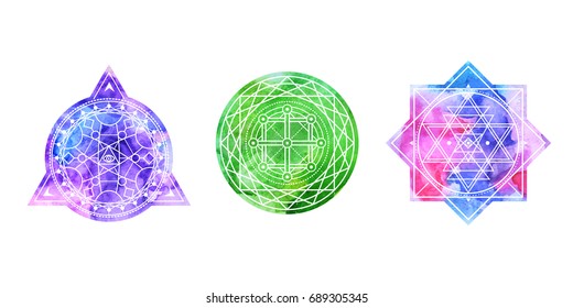 Set of bright colored sacred shapes . Watercolor background is cut in shape.Vector