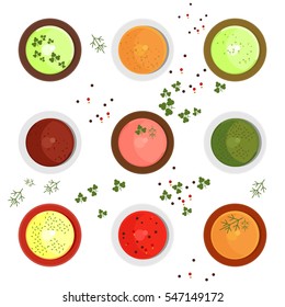 Set of bright colored sauces. Mustard and horseradish, mayonnaise and adjika, salsa and guacamole with herbs and spices. Flat vector cartoon illustration. Objects isolated on a white background.
