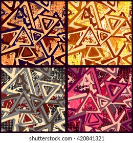 Set of bright colored seamless patterns in urban style. Abstract backgrounds with graffiti motives and half tone effect. Grunge vector wallpapers.