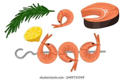 A set of bright colored shrimp on a skewer with rosemary, lemon, a piece of red fish. For culinary menus, seafood advertisements, or gastronomic publications. Freshness and taste.