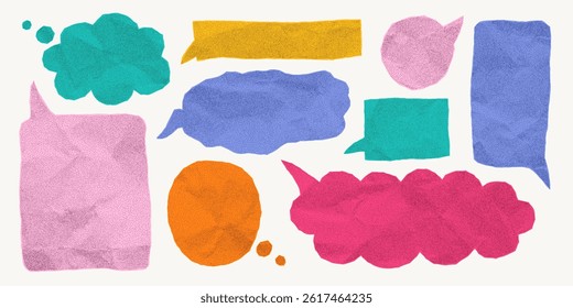 Set of bright colored speech bubbles made of crumpled paper, isolated for banner use. Dialogue balloons with gritty dotted texture, halftone effect, torn notebook edges, irregular text box.