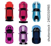 Set of bright colored sports cars cartoon style. Vector illustration of beautiful different sports cars top view isolated on white background. Sports car for participation in auto races.