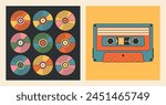 A set of bright colored square posters with music records of different colors and an old cassette in retro groovy style. 60s, 70s, 80s, 90s. Vector illustration eps10