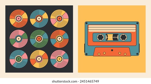 A set of bright colored square posters with music records of different colors and an old cassette in retro groovy style. 60s, 70s, 80s, 90s. Vector illustration eps10