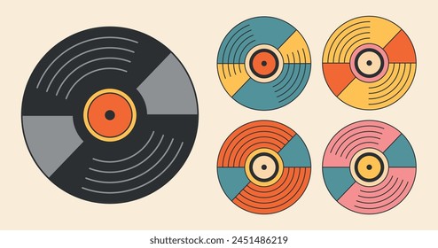 Ein Satz von leuchtend bunten quadratischen Plakaten mit alten Musikplatten in verschiedenen Farben im Retro-flachen groovigen Stil, Element für Logo, Poster, Disco 60er, 70er, 80er, 90er Jahre. Vektorillustration EPS10