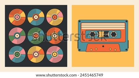 A set of bright colored square posters with music records of different colors and an old cassette in retro groovy style. 60s, 70s, 80s, 90s. Vector illustration eps10