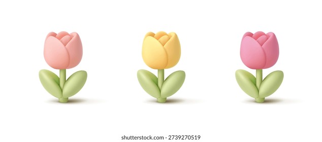 Set of bright colored tulips, 3D. Icons. Tulips on a white background. For spring concepts, events, greetings. Vector illustration.