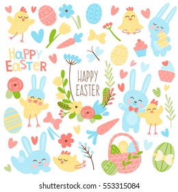 Set of bright colored vector elements for Easter. Flowers, heart, colored eggs, chickens, rabbits and lyrics for Easter design.