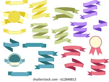 Set of bright colored vintage ribbons and labels isolated on white background. Bright green, blue, pink, purple, yellow vector ribbons