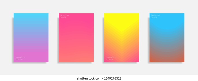 Set of bright colorful abstract backgrounds with line gradient texture for minimal dynamic cover design. Blue, pink, yellow, green placard poster template.