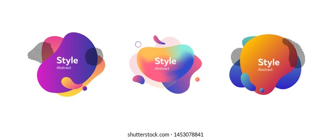 Set of bright colorful abstract graphic elements. Dynamical colored forms and dots. Gradient banners with flowing liquid shapes. Template for design of logo, flyer or presentation. Vector illustration