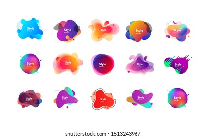 Set of bright colorful abstract graphic elements. Dynamical colored forms and dots. Gradient banners with flowing liquid shapes. Template for design of logo, flyer or presentation. Vector illustration