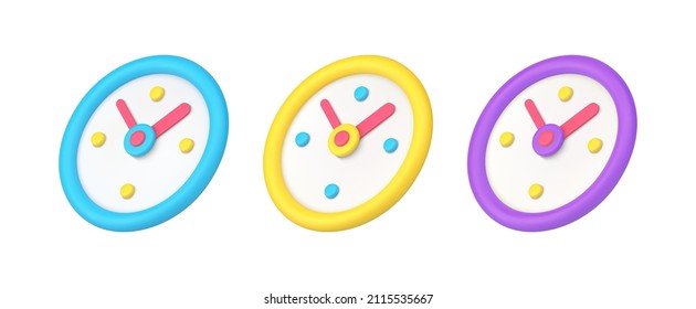 Set of bright colorful analog clock showing time with arrows 3d isometric vector illustration. Collection of minute and hours pointer wall watch for timing period checking isolated. Deadline reminder