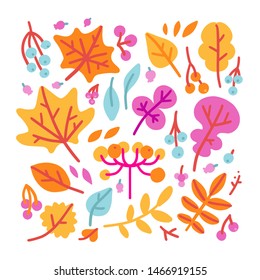 Set of bright colorful autumn leaves and berries. Isolated on white background. Simple cartoon hand drawn flat style vector illustration for kids.