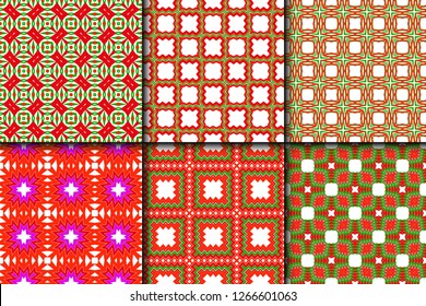Set of Bright And Colorful Backgrounds Or Digital Papers. Backdrop. Vector Illustration. For Design, Wallpaper, Fashion, Print. Seamless Pattern With Abstract Geometric Style. Red, green color.