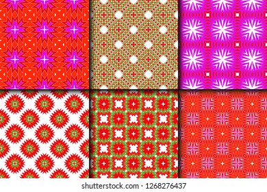 Set of Bright And Colorful Backgrounds Or Digital Papers. Backdrop. Vector Illustration. For Design, Wallpaper, Fashion, Print. Seamless Pattern With Abstract Geometric Style. Red, green color.