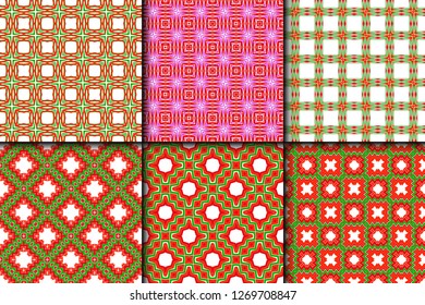 Set of Bright And Colorful Backgrounds Or Digital Papers. Backdrop. Vector Illustration. For Design, Wallpaper, Fashion, Print. Seamless Pattern With Abstract Geometric Style. Red, green color.