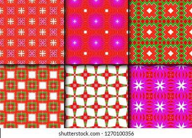 Set of Bright And Colorful Backgrounds Or Digital Papers. Backdrop. Vector Illustration. For Design, Wallpaper, Fashion, Print. Seamless Pattern With Abstract Geometric Style. Red, green color.
