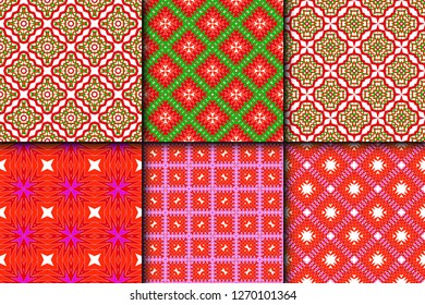 Set of Bright And Colorful Backgrounds Or Digital Papers. Backdrop. Vector Illustration. For Design, Wallpaper, Fashion, Print. Seamless Pattern With Abstract Geometric Style. Red, green color.