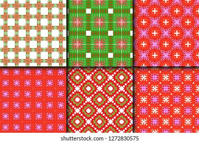 Set of Bright And Colorful Backgrounds Or Digital Papers. Backdrop. Vector Illustration. For Design, Wallpaper, Fashion, Print. Seamless Pattern With Abstract Geometric Style. Red, green color.