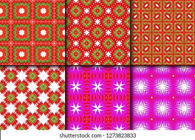 Set of Bright And Colorful Backgrounds Or Digital Papers. Backdrop. Vector Illustration. For Design, Wallpaper, Fashion, Print. Seamless Pattern With Abstract Geometric Style. Red, green color.