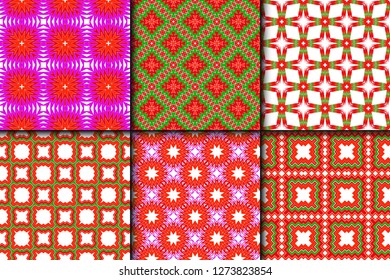 Set of Bright And Colorful Backgrounds Or Digital Papers. Backdrop. Vector Illustration. For Design, Wallpaper, Fashion, Print. Seamless Pattern With Abstract Geometric Style. Red, green color.