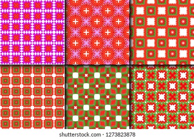 Set of Bright And Colorful Backgrounds Or Digital Papers. Backdrop. Vector Illustration. For Design, Wallpaper, Fashion, Print. Seamless Pattern With Abstract Geometric Style. Red, green color.