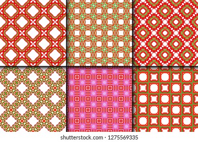 Set of Bright And Colorful Backgrounds Or Digital Papers. Backdrop. Vector Illustration. For Design, Wallpaper, Fashion, Print. Seamless Pattern With Abstract Geometric Style. Red, green color.
