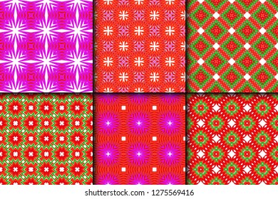 Set of Bright And Colorful Backgrounds Or Digital Papers. Backdrop. Vector Illustration. For Design, Wallpaper, Fashion, Print. Seamless Pattern With Abstract Geometric Style. Red, green color.